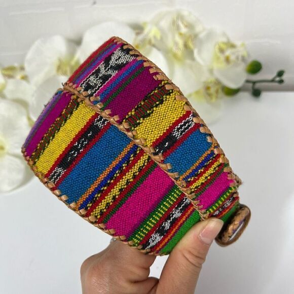 Guatemalan Leather Cotton Women’s Handmade Colorful Belt size 31in waist - Picture 2 of 8